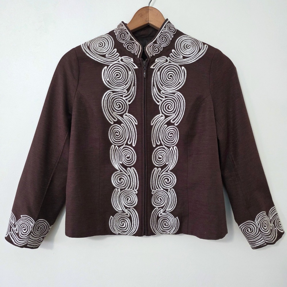 Silkland Silk Embroidered Mandarin Collar Zip Jacket Sz M Petite Brown Old Money